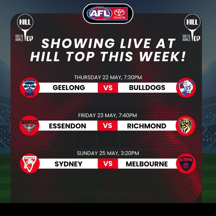 Featured image for “Live Footy Nights: Enjoy AFL Action and Delicious Meals at Hill Top Golf Club”