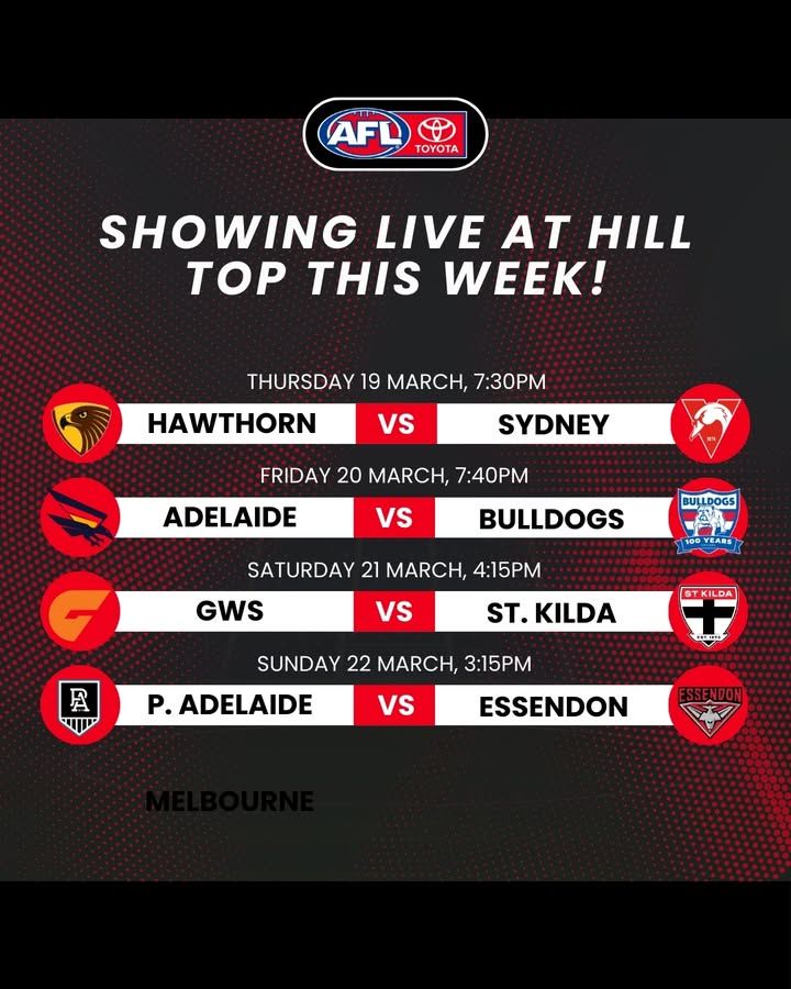 Featured image for “AFL Live This Week at Hill Top Golf Club”